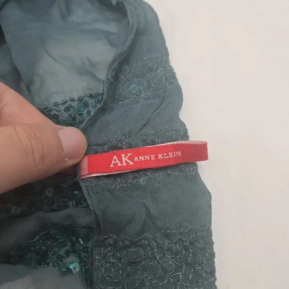 Vintage Y2K Anne Klein Ladies Fine Silk Scarf Teal Blue Sequin 12